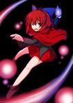  &gt;:o 1girl :o black_shirt bow cape fire full_body hair_bow high_collar highres jpeg_artifacts katsumi5o long_sleeves looking_at_viewer miniskirt open_mouth pleated_skirt purple_bow red_eyes red_skirt redhead sekibanki shirt short_hair skirt solo touhou 
