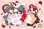  1girl animal_ears bare_legs barefoot black_hair black_legwear blush breasts cat_ears cat_tail detached_sleeves eyebrows eyebrows_visible_through_hair flower frilled_skirt frills from_above full_body hairband haruna_(kantai_collection) heart heart_pillow japanese_clothes jewelry kantai_collection kemonomimi_mode kimono long_hair long_sleeves looking_at_viewer looking_up medium_breasts nontraditional_miko orange_eyes pillow red_ribbon red_rose red_skirt ribbon ribbon-trimmed_sleeves ribbon_trim ring rose shigunyan skirt sleeveless sleeveless_kimono smile soles solo tail thighhighs_removed very_long_hair wide_sleeves 