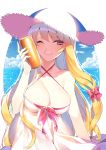  1girl ;d alternate_costume bare_shoulders blonde_hair blue_sky bow breasts cleavage clouds dress front-tie_top hair_bow hat highres large_breasts long_hair looking_at_viewer ocean one_eye_closed open_mouth roh_nam_kyung sky smile soda_can solo sparkle straw_hat sun_hat sundress swimsuit swimsuit_under_clothes touhou violet_eyes white_dress yakumo_yukari 