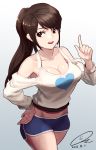  1girl absurdres bare_shoulders breasts brown_eyes brown_hair cleavage gradient gradient_background grey_background highres large_breasts long_hair looking_at_viewer medium_breasts midriff open_mouth original oz_(gerbera7) ponytail short_shorts shorts smile solo tank_top white_background 
