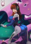  1girl absurdres acronym arched_back ass bangs bodysuit boots bracer breasts brown_eyes brown_hair character_name closed_mouth d.va_(overwatch) facepaint facial_mark from_side gloves headphones highres huge_ass kneeling large_breasts leizi long_hair long_sleeves looking_at_viewer mecha meka_(overwatch) overwatch pauldrons pilot_suit ribbed_bodysuit shoulder_pads skin_tight smile solo thigh-highs thigh_boots thigh_strap turtleneck whisker_markings white_boots white_gloves 
