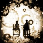  1boy 1girl androgynous chair clock copyright_request gears hand_holding harada_miyuki heart looking_at_another monochrome sepia shadow silhouette sitting 