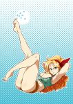  1girl abs arms_behind_head bad_anatomy bad_feet barefoot blonde_hair breasts crop_top dragon_ball exercise frown full_body gishi green_eyes hair_ribbon hairband halftone halftone_background highres large_breasts long_hair lunch_(dragon_ball) lying on_back outline poorly_drawn ribbon short_shorts shorts solo tank_top toned 