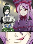  2girls armor artist_request black_hair breasts collar frills gauntlets glasses hair_bun hat long_hair maid maid_headdress multiple_girls overlord_(maruyama) ponytail puffy_sleeves purple_hair red_eyes ribbon shalltear_bloodfallen shoulder_armor spikes tongue tongue_out yuri_alpha 