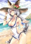  1girl atoshi bare_shoulders bracelet breasts brown_hat cleavage closed_mouth clouds cloudy_sky coast collarbone covered_navel cowboy_shot flower frilled_swimsuit frills granblue_fantasy hair_between_eyes hair_tubes hat hat_flower heles heterochromia hibiscus horizon jewelry long_hair looking_at_viewer medium_breasts ocean one-piece_swimsuit orange_eyes outdoors red_eyes rock shore silver_hair sky smile solo standing sun_hat swimsuit very_long_hair water white_swimsuit 