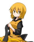  1girl black_ribbon blonde_hair blush buttons dress headwear_removed katsumi5o kurodani_yamame looking_at_viewer ribbon sash short_hair solo touhou upper_body yellow_dress yellow_eyes 