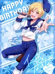  1boy artist_name blonde_hair boots brown_boots ensemble_stars! floral_background foreshortening hat highres idol male_focus microphone navel nito_nazuna open_mouth outstretched_arm ponsu_(ponzuxponzu) red_eyes round_teeth sailor sailor_collar sailor_hat smile solo teeth 