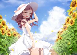  1girl braid brown_eyes brown_hair clouds dress field flower flower_field hand_on_headwear hat long_hair luggage natsu_(natume0504) original petals sky solo sun_hat sundress sunflower white_dress 