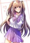  1girl arm_behind_back bangs blush breasts brown_hair closed_mouth cowboy_shot dutch_angle eyebrows_visible_through_hair hair_ribbon hand_up heart high-waist_skirt highres large_breasts light_smile long_hair looking_at_viewer maruchi original pleated_skirt purple_ribbon purple_skirt ribbon school_uniform serafuku sidelocks simple_background skirt smile solo two_side_up very_long_hair violet_eyes white_background 