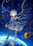  1girl ahoge bangs black_legwear blue_dress blue_hair blunt_bangs boots closed_eyes collarbone dress elbow_gloves eyebrows eyebrows_visible_through_hair fingerless_gloves full_body gloves hand_on_own_chest highres long_hair mimengfeixue open_mouth outer_space planet sleeveless sleeveless_dress solo thigh-highs thigh_boots very_long_hair vocaloid xingchen 