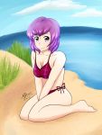  1girl absurdres barefoot beach bikini blue_sky breasts clouds collarbone dated feet female fire_emblem fire_emblem:_shin_monshou_no_nazo katarina_(fire_emblem) knees_together_feet_apart looking_at_viewer ocean purple_hair sand short_hair side-tie_bikini sitting smile solo swimsuit violet_eyes water 