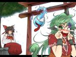  2girls ascot bangs black_hair blush bracelet closed_eyes constricted_pupils crying crying_with_eyes_open day detached_sleeves facial_mark fangs green_eyes green_hair hair_between_eyes hair_tubes hakurei_reimu hands_together hidden_star_in_four_seasons hip_vent hitodama horn jewelry komano_aun laughing letterboxed long_hair long_skirt long_tongue maroon_shirt multiple_girls nose_blush older open_mouth paw_pose pointy_nose red_shirt red_skirt ryuuichi_(f_dragon) sarashi scared shiny shiny_hair shirt sitting skirt summer tail tears tongue tongue_out torii touhou tree upper_body white_background 
