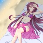  1girl beach beach_towel bikini blush breasts fate/grand_order fate_(series) flower hair_flower hair_ornament hand_on_forehead heart_ring_top highres leg_garter long_hair looking_at_viewer lying midriff navel niku114514810 ocean on_back purple_hair red_eyes sarong scathach_(fate/grand_order) scathach_(swimsuit_assassin)_(fate) shadow smile solo sparkle swimsuit towel very_long_hair 