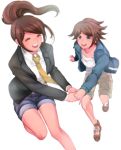  1boy 1girl asahina_aoi asahina_yuuta bloom brother_and_sister brown_hair closed_eyes dangan_ronpa dangan_ronpa_3 highres imo_(kong) necktie ponytail running shoes short_hair shorts siblings simple_background smile sneakers spoilers suit suit_jacket white_background yellow_necktie zettai_zetsubou_shoujo 