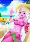  ;d alternate_costume armband banana beach blue_sky chair cherry drink drinking_straw error flower food fruit fruit_bowl hat highres jewelry league_of_legends lei long_hair midriff nanabe navel necklace one_eye_closed open_mouth orange order_of_the_banana_soraka palm_tree pineapple pineapple_slice pointy_ears ponytail purple_skin sitting sky smile soraka straw_hat summer table tree violet_eyes water white_hair wristband 