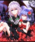  2girls absurdres alternate_costume bare_shoulders bat_wings black_bow black_dress blue_hair blue_nails bow braid carrying choker collarbone cross dress flower frilled_choker frilled_shirt_collar frills full_moon green_bow hair_bow hair_flower hair_ornament highres holding holding_flower izayoi_sakuya juliet_sleeves lace lace-trimmed_dress lamppost long_sleeves looking_at_another maid maid_headdress moon multiple_girls nail_polish off-shoulder_dress off_shoulder princess_carry puffy_sleeves red_eyes red_rose remilia_scarlet rose sash sheya short_hair silver_hair smile strapless strapless_dress striped touhou twin_braids vertical-striped_dress vertical_stripes violet_eyes wings wrist_cuffs 