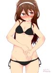  ashigara_(kantai_collection) bikini black_bikini blush breasts brown_eyes brown_hair cleavage dated fang_out gluteal_fold headgear highres kantai_collection long_hair navel ru2n131 simple_background smile swimsuit twitter_username wet white_background 