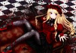  1girl absurdres blonde_hair blush breasts checkered checkered_floor couch drill_hair flower gothic_lolita highres keiazu lolita_fashion long_hair original pantyhose red_eyes rose rose_print shoe_ribbon solo unmoving_pattern 