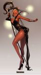  1girl black_shoes blonde_hair breasts dark_skin duto english full_body high_heels highres holding_staff medium_breasts mole mole_under_mouth open_mouth original outstretched_arm pelvic_curtain red_eyes shoes short_hair side_slit solo sorceress standing 