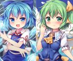  2girls :d baku_ph blue_bow blue_eyes blue_hair blush bow breasts cirno daiyousei green_eyes green_hair hair_bow hair_ribbon ice ice_wings looking_at_viewer medium_breasts multiple_girls open_mouth ribbon short_hair smile touhou wings yellow_ribbon 