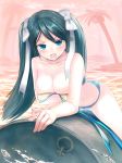  1girl absurdres bare_shoulders blue_eyes blush breasts cleavage collarbone drum green_eyes hair_ribbon harukana_(harukana_10) highres instrument isuzu_(kantai_collection) kantai_collection large_breasts long_hair looking_at_viewer open_mouth ribbon solo straddling swimsuit teeth twintails untied wardrobe_malfunction water white_ribbon 