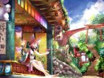  1girl :d animal_ears blue_sky butterfly cat_tail clouds hair_rings highres lantern maneki-neko nanaponi open_mouth origami original painting_(object) paper_crane paper_lantern plant redhead scenery sign sitting sky smile solo stairs statue tail torii 