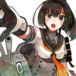  1girl akizuki_(kantai_collection) bangs black_hair blush chou-10cm-hou-chan eyebrows eyebrows_visible_through_hair gloves green_eyes hair_ornament hair_ribbon hairband itomugi-kun kantai_collection long_hair looking_at_viewer necktie open_mouth ponytail ribbon sailor_collar school_uniform serafuku shirt simple_background solo upper_body white_background white_gloves white_shirt yellow_necktie 