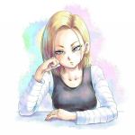  1girl android_18 blonde_hair blue_eyes collarbone dragon_ball dragon_ball_z dragonball_z earrings eply eyebrows eyelashes frown head_rest jewelry makeup mascara solo upper_body 
