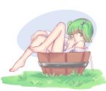  1girl bangs bare_legs bare_shoulders barefoot bucket female full_body grass green_eyes green_hair hair_bobbles hair_ornament highres kisume looking_at_viewer matching_hair/eyes short_twintails solo tied_hair touhou twintails yoruny 