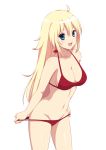  1girl :d bikini blonde_hair blue_eyes blush breasts cleavage long_hair looking_at_viewer mijinko_(rioriorio) navel open_mouth original red_bikini simple_background smile solo swimsuit white_background 