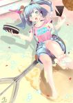 aqua_eyes barefoot blue_hair blush collarbone cookie copyright_request feet food highres ice_cream ice_cream_spoon long_hair ninuri_shiki open_mouth oversized_object shirt shorts soles suspenders t-shirt toes twintails 