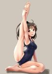  1girl armpits barefoot blush brown_eyes brown_hair feet flexible foot_hold full_body hands_on_feet katahira_masashi leg_up long_hair looking_at_viewer one-piece_swimsuit open_mouth original ponytail simple_background smile soles solo stretch swimsuit toes 