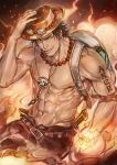  1boy abs backpack bag beads belt brown_hair fire goriraneesan jewelry knife male_focus muscle navel one_piece pendant portgas_d_ace prayer_beads red_eyes shirtless smile solo tattoo 