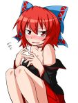  1girl bare_shoulders black_shirt blue_bow blush bow breasts cleavage embarrassed flying_sweatdrops hair_bow katsumi5o knees_up long_sleeves looking_at_viewer nose_blush nukekubi off_shoulder open_mouth parted_lips red_eyes red_skirt redhead sekibanki shirt short_hair skirt solo sweat touhou 