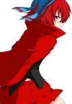 1girl black_shirt blue_bow blush bow cape covered_mouth from_side hair_bow hand_in_pocket high_collar katsumi5o long_sleeves looking_at_viewer profile red_eyes red_skirt redhead sekibanki shirt short_hair skirt solo touhou upper_body 