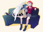  2girls ^_^ blue_hair closed_eyes couch doremy_sweet full_body hand_on_another&#039;s_head hat hat_removed headwear_removed highres jacket kishin_sagume ko_kita multiple_girls nightcap open_mouth pom_pom_(clothes) red_eyes short_hair silver_hair sitting skirt smile tail touhou wing_hug wings yuri 