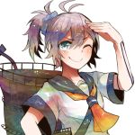  1girl antenna_hair aoba_(kantai_collection) arm_up ascot bangs blouse blue_eyes blush closed_mouth collarbone eyebrows eyebrows_visible_through_hair hair_between_eyes hair_ornament hair_scrunchie itomugi-kun kantai_collection looking_at_viewer multicolored_eyes neckerchief one_eye_closed ponytail purple_hair salute school_uniform scrunchie serafuku short_hair short_sleeves simple_background smile solo star upper_body white_background 