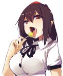  1girl black_hair black_ribbon blush breasts buttons candy collared_shirt food from_below hair_between_eyes hat holding holding_food kamukamu_(ars) large_breasts licking lollipop looking_at_viewer looking_down pointy_ears red_eyes red_hat ribbon saliva sexually_suggestive shameimaru_aya shirt short_hair short_sleeves solo sweets tokin_hat tongue tongue_out touhou upper_body uvula white_shirt wing_collar 