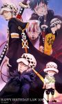  1boy artist_request blue_hair goatee hat heart_(organ) injury jacket kikoku multiple_persona one_piece open_shirt raglan_sleeves smile solo source_request sword tattoo trafalgar_law younger 