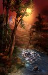  absurdres david_delanty dusk floating forest highres hill landscape mountain nature river stone sun tree water 