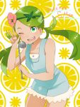  10s 1girl flower green_eyes green_hair hair_flower hair_ornament hairband holding ladle lemon long_hair looking_at_viewer mallow_(pokemon) matching_hair/eyes open_mouth overalls pokemon pokemon_sm smile solo tied_hair twintails v wink 