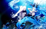  1girl absurdly_long_hair black_dress blue_eyes blue_hair bubble dress gotmil hatsune_miku long_hair open_mouth pale_skin shinkai_shoujo_(vocaloid) solo submerged twintails underwater very_long_hair vocaloid 