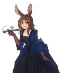  1girl animal_ears blush brown_hair bunny_tail commentary dress fur highres long_hair looking_at_viewer monorus monster_girl motion_lines original rabbit_ears red_eyes simple_background smile solo tail white_background wrench 