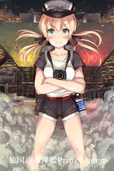  1girl alternate_costume backpack bag blonde_hair blue_eyes blush bottle camera casual comiket crossed_arms gunbuster_pose hat highres ichikawa_feesu kantai_collection long_hair low_twintails military_hat nikon_(company) peaked_cap pocari_sweat pose prinz_eugen_(kantai_collection) shorts smile smoke solo translation_request twintails 