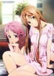  2girls absurdres arm_support asuna_(sao) breasts brown_eyes brown_hair cleavage collarbone copyright_name hair_ornament highres indoors lingerie lisbeth long_hair multiple_girls negligee nightgown official_art pajamas pink_hair short_hair sitting smile sword_art_online underwear violet_eyes 