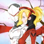  1boy 1girl alternate_color armor blonde_hair blue_eyes bodysuit breasts cherry_blossoms closed_mouth cyborg eyelashes from_side genji_(overwatch) hair_ornament hair_tie headband headgear helmet lips mask mechanical_halo mercy_(overwatch) overwatch petals pink_lips ponytail power_armor turtleneck upper_body veil wing_print 