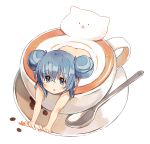  1girl blue_eyes blue_hair coffee coffee_beans cup double_bun from_above gochuumon_wa_usagi_desu_ka? hair_bun highres in_container in_cup kafuu_chino kirarin369 long_hair looking_up minigirl nude open_mouth outstretched_arms partially_submerged saucer spoon teacup tippy_(gochuumon_wa_usagi_desuka?) 