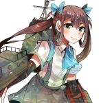  1girl arm_warmers asagumo_(kantai_collection) ascot bangs black_skirt blue_bow blush bow brown_hair buttons closed_mouth collared_shirt cowboy_shot eyebrows eyebrows_visible_through_hair green_hair hair_between_eyes hair_bow hair_ribbon itomugi-kun kantai_collection long_hair looking_at_viewer pleated_skirt ribbon school_uniform shirt short_eyebrows short_sleeves simple_background skirt smile solo suspender_skirt suspenders turret twintails white_background white_shirt 