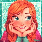  1girl anna_(frozen) braid chin_rest face freckles frozen_(disney) green_eyes lipstick makeup ponsu_(ponzuxponzu) red_lipstick redhead signature smile snowflake_background solo twin_braids 