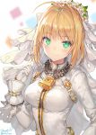  1girl ahoge bangs belt blonde_hair blush bodysuit breasts chains face fate/extra fate/extra_ccc fate_(series) flower gloves gold green_eyes hair_flower hair_ornament highres lock looking_at_viewer medium_breasts momoko_(momopoco) padlock saber_bride saber_extra simple_background smile solo upper_body veil white_gloves zipper 